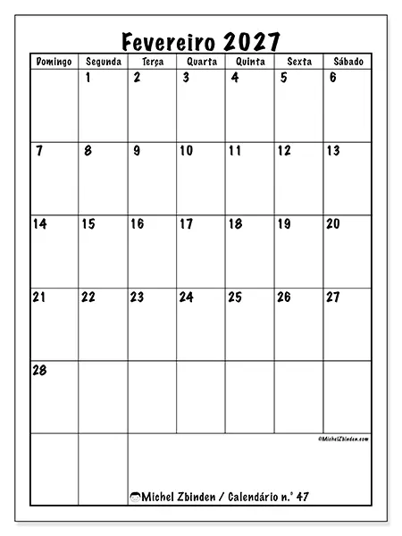 Calendário de fevereiro de 2027 para imprimir - Planeamento eficiente - Semana de domingo a sábado