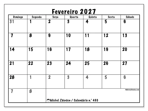 Calendário de fevereiro de 2027 para imprimir - Planeamento completo - Semana de domingo a sábado