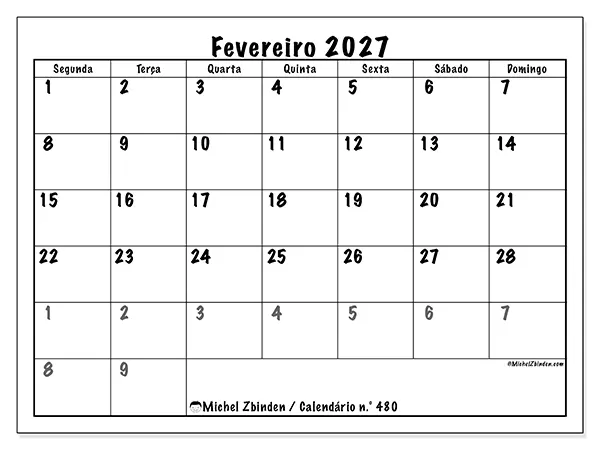 Calendário de fevereiro de 2027 para imprimir - Planeamento completo