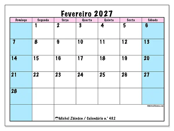 Calendário de fevereiro de 2027 para imprimir - Horário de equipa - Semana de domingo a sábado