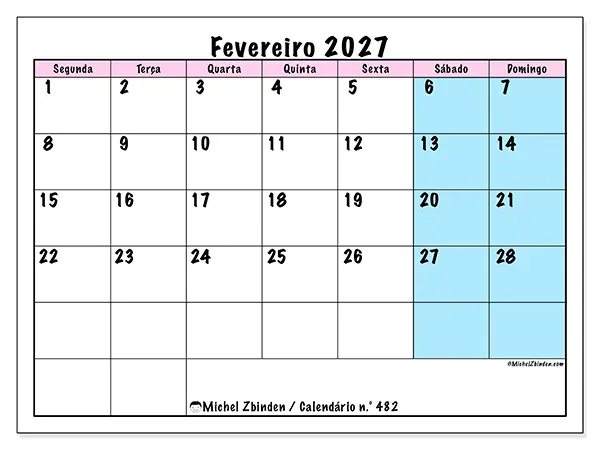 Calendário de fevereiro de 2027 para imprimir - Horário de equipa