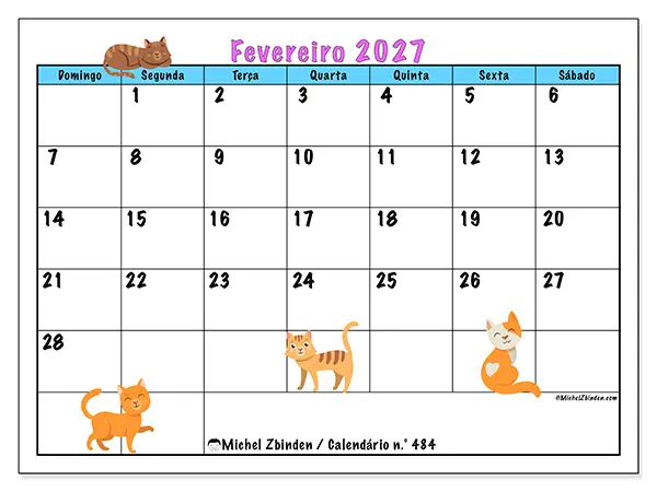 Calendário de fevereiro de 2027 para imprimir - Amor pelos gatos - Semana de domingo a sábado