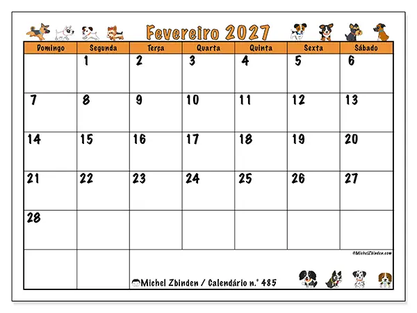 Calendário de fevereiro de 2027 para imprimir - Cães entusiasmados - Semana de domingo a sábado