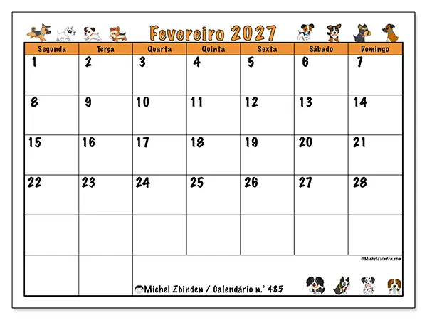 Calendário de fevereiro de 2027 para imprimir - Cães entusiasmados