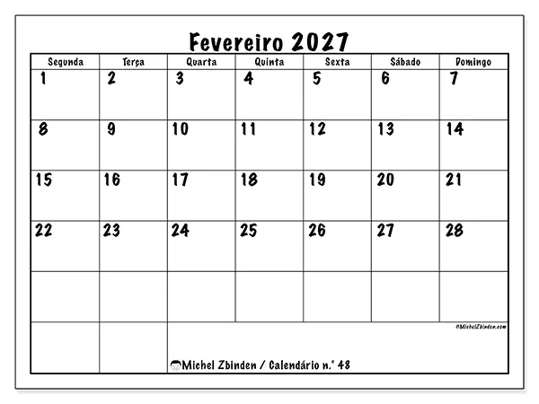 Calendário de fevereiro de 2027 para imprimir - Eficiência diária