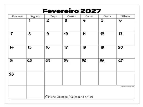 Calendário de fevereiro de 2027 para imprimir - Coordenação produtiva - Semana de domingo a sábado