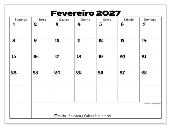 Calendário de fevereiro de 2027 para imprimir - Coordenação produtiva