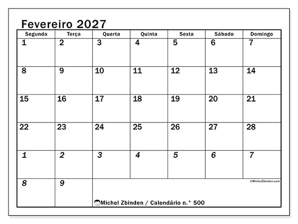 Calendário de fevereiro de 2027 para imprimir - Planeamento intensivo
