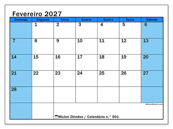 Calendário de fevereiro de 2027 para imprimir - Estudos dinâmicos - Semana de domingo a sábado
