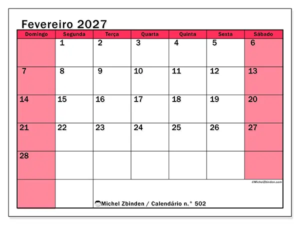 Calendário de fevereiro de 2027 para imprimir - Gestão luminosa - Semana de domingo a sábado