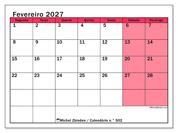 Calendário de fevereiro de 2027 para imprimir - Gestão luminosa