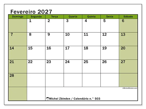 Calendário de fevereiro de 2027 para imprimir - Organização viva - Semana de domingo a sábado