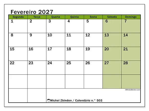 Calendário de fevereiro de 2027 para imprimir - Organização viva