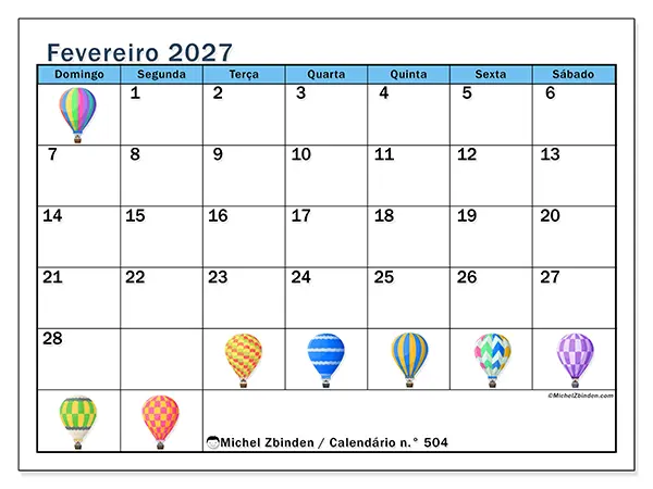 Calendário de fevereiro de 2027 para imprimir - Balões de ar quente - Semana de domingo a sábado