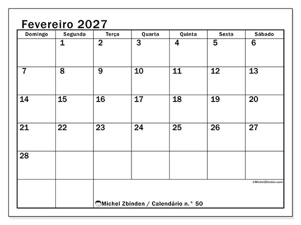 Calendário de fevereiro de 2027 para imprimir - Planeamento ideal - Semana de domingo a sábado