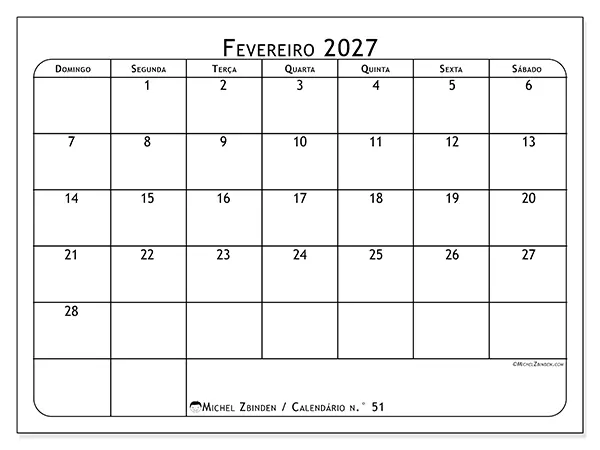 Calendário de fevereiro de 2027 para imprimir - Planeador de refeições - Semana de domingo a sábado
