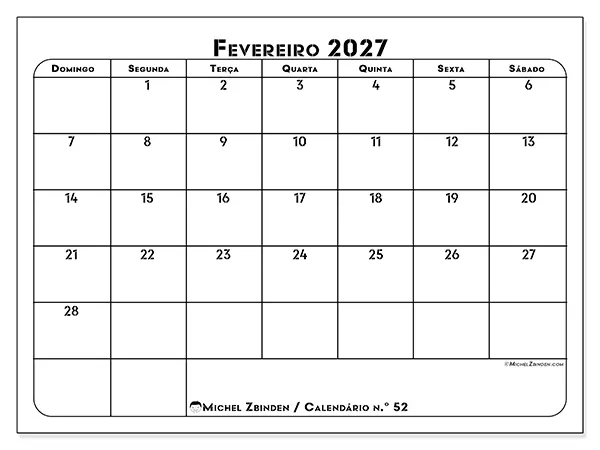 Calendário de fevereiro de 2027 para imprimir - Organização profissional - Semana de domingo a sábado