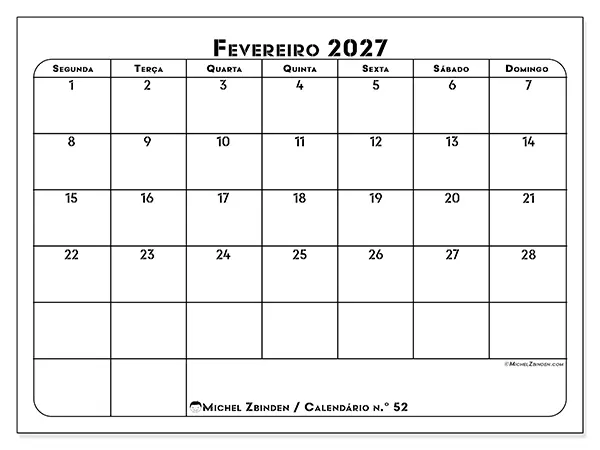 Calendário de fevereiro de 2027 para imprimir - Organização profissional