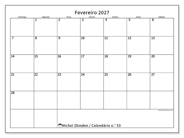 Calendário de fevereiro de 2027 para imprimir - Horário eficiente - Semana de domingo a sábado