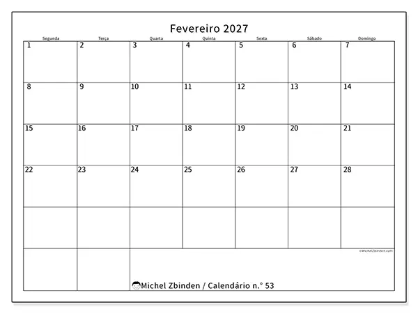 Calendário de fevereiro de 2027 para imprimir - Horário eficiente