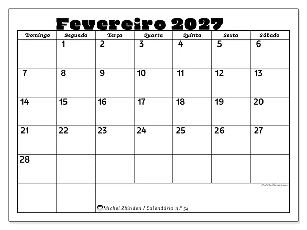 Calendário de fevereiro de 2027 para imprimir - Atividades em família - Semana de domingo a sábado