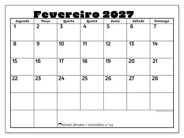 Calendário de fevereiro de 2027 para imprimir - Atividades em família