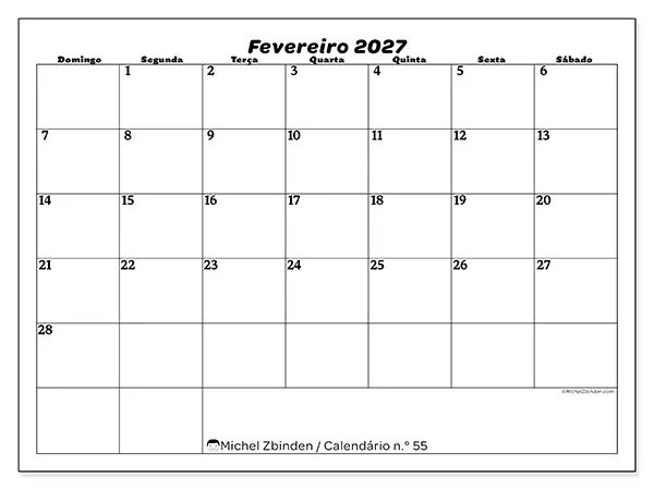 Calendário de fevereiro de 2027 para imprimir - Organização do lazer - Semana de domingo a sábado