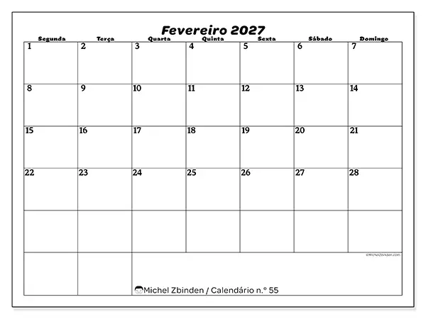 Calendário de fevereiro de 2027 para imprimir - Organização do lazer