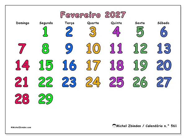Calendário de fevereiro de 2027 para imprimir - Momentos criativos - Semana de domingo a sábado