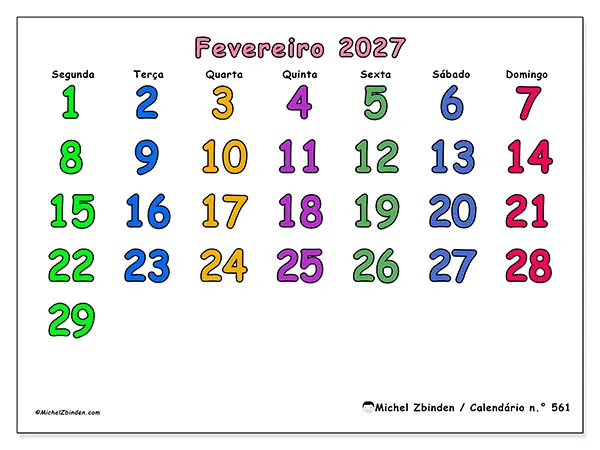 Calendário de fevereiro de 2027 para imprimir - Momentos criativos