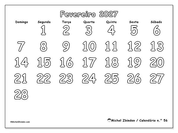 Calendário de fevereiro de 2027 para imprimir - Colorir útil - Semana de domingo a sábado