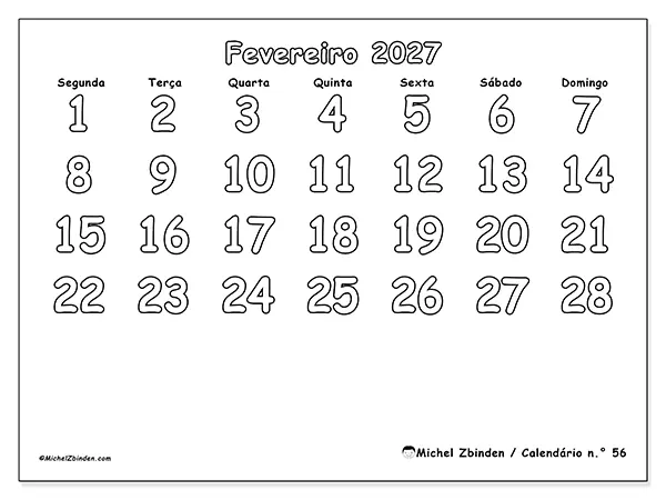 Calendário de fevereiro de 2027 para imprimir - Colorir útil