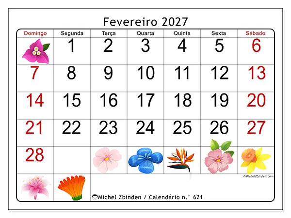 Calendário de fevereiro de 2027 para imprimir - Flores grandes - Semana de domingo a sábado