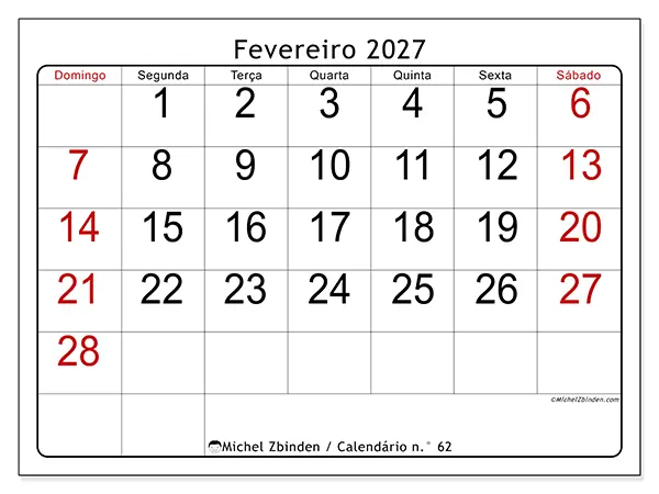 Calendário de fevereiro de 2027 para imprimir - Leitura rápida - Semana de domingo a sábado