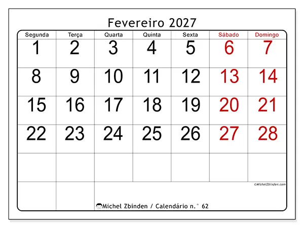 Calendário de fevereiro de 2027 para imprimir - Leitura rápida