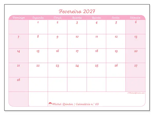 Calendário de fevereiro de 2027 para imprimir - Organização suave - Semana de domingo a sábado