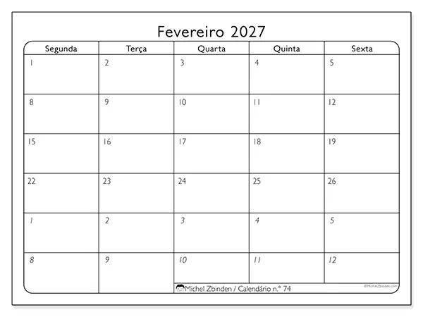 Calendário de fevereiro de 2027 para imprimir - Organização do trabalho