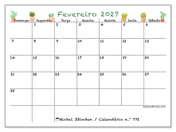 Calendário de fevereiro de 2027 para imprimir - Cactos decorativos - Semana de domingo a sábado
