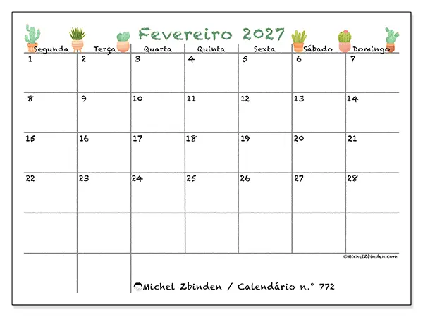 Calendário de fevereiro de 2027 para imprimir - Cactos decorativos