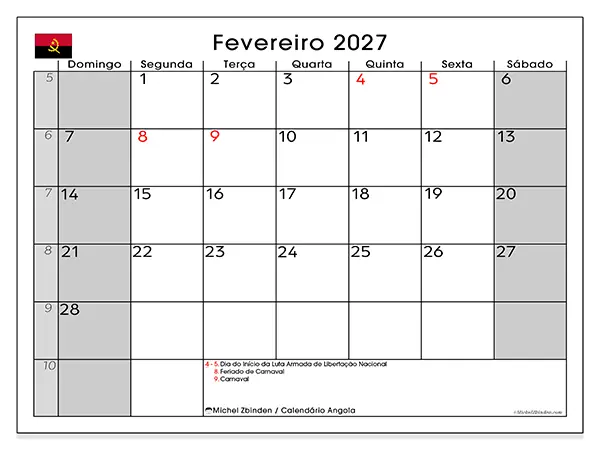 Calendário de fevereiro de 2027 para imprimir - Angola