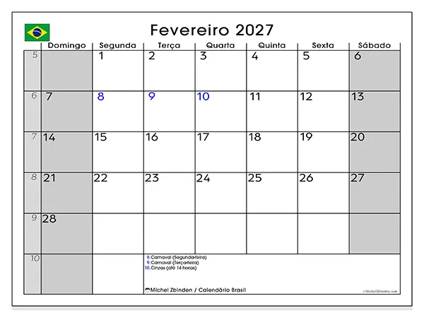 Calendário de fevereiro de 2027 para imprimir - Brasil