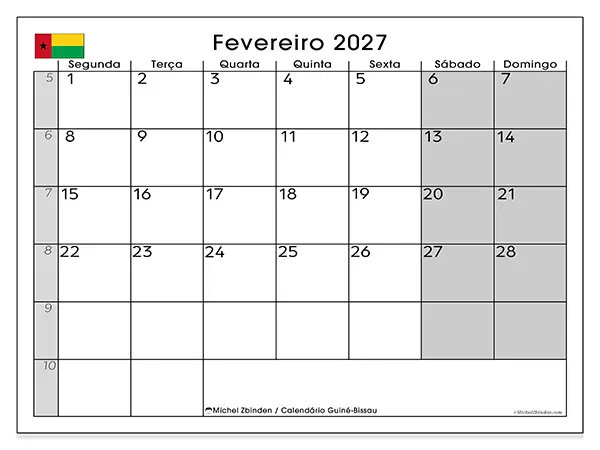 Calendário de fevereiro de 2027 para imprimir - Guiné-Bissau