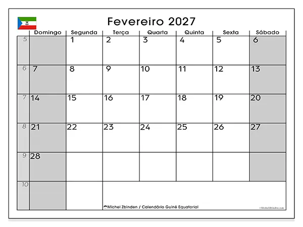 Calendário de fevereiro de 2027 para imprimir - Guiné Equatorial
