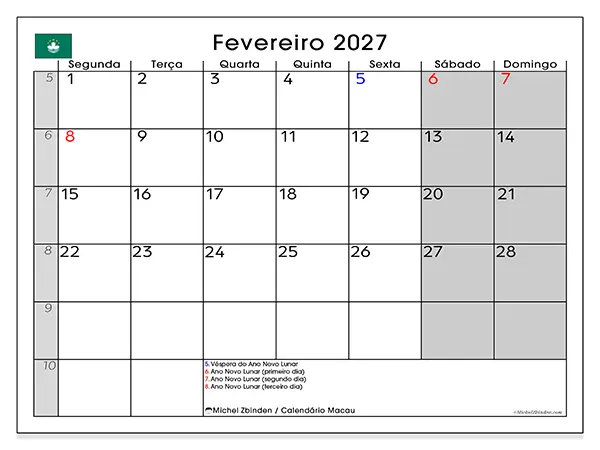 Calendário de fevereiro de 2027 para imprimir - Macau