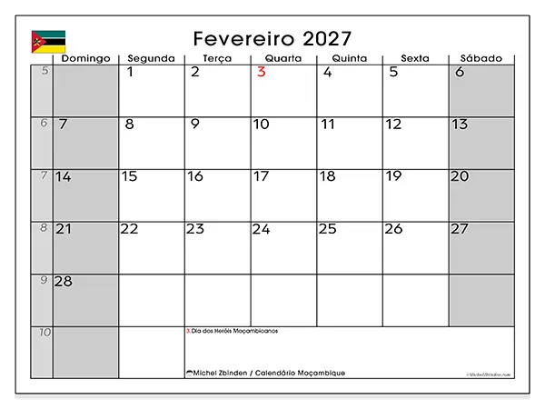 Calendário de fevereiro de 2027 para imprimir - Moçambique
