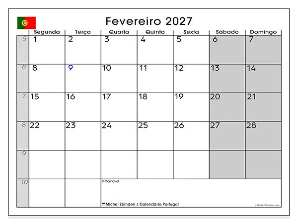 Calendário de fevereiro de 2027 para imprimir - Portugal