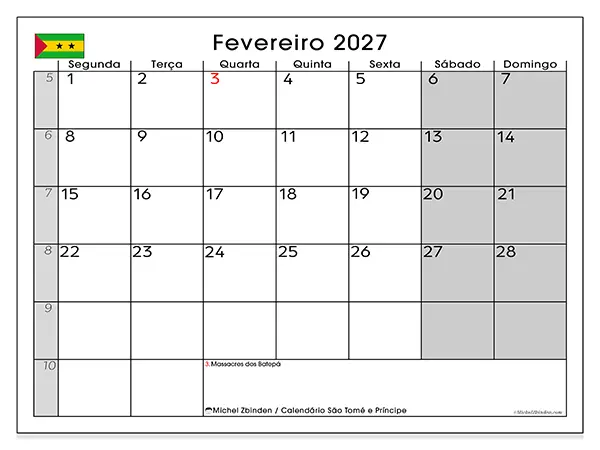 Calendário de fevereiro de 2027 para imprimir - São Tomé e Príncipe