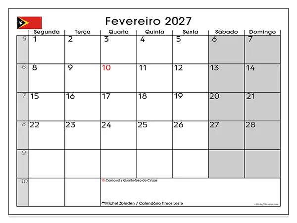 Calendário de fevereiro de 2027 para imprimir - Timor Leste