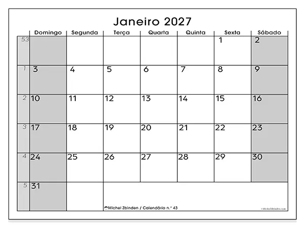Calendário de janeiro de 2027 para imprimir - Organização perfeita - Semana de domingo a sábado