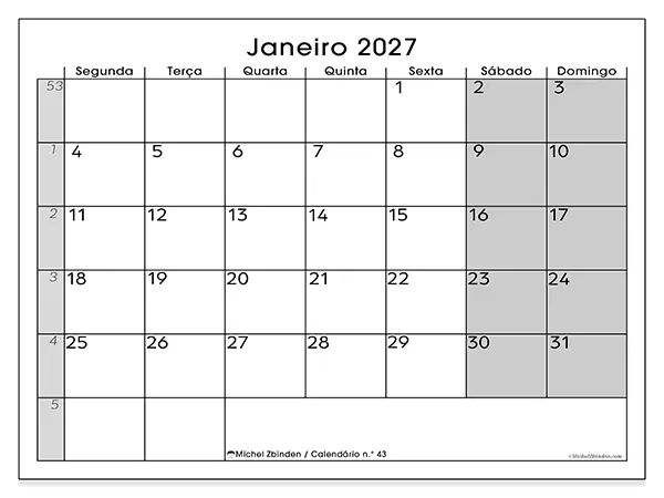 Calendário de janeiro de 2027 para imprimir - Organização perfeita